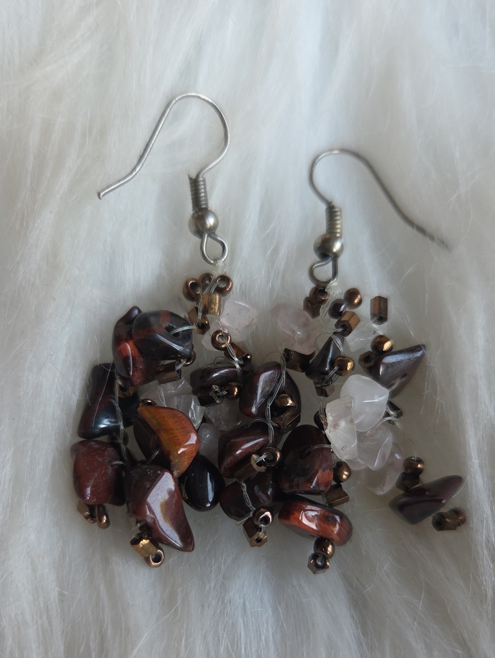 Red Tiger Eye And Rose Quartz Gemstone Earrings